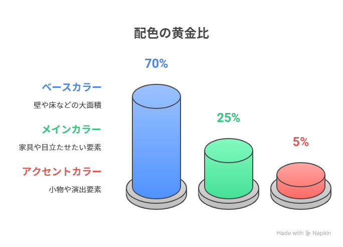 配色の黄金比 ・70% ベースカラー:壁・床・天井などの大面積 ・25% メインカラー:什器・家具・目立たせたい要素 ・5% アクセントカラー:小物・演出要素などに使用