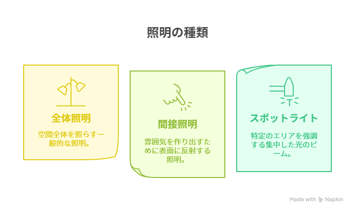 照明の種類と配置による空間演出(全体照明/間接照明/スポットライト)の違い