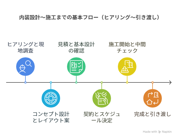 内装設計〜施工までの基本フロー（ヒアリング〜引き渡し） [ヒアリング・現地調査] 　↓ [コンセプト設計・レイアウト案] 　↓ [見積・基本設計の確認] 　↓ [契約・スケジュール決定] 　↓ [施工開始（中間チェック）] 　↓ [完成・引き渡し] 